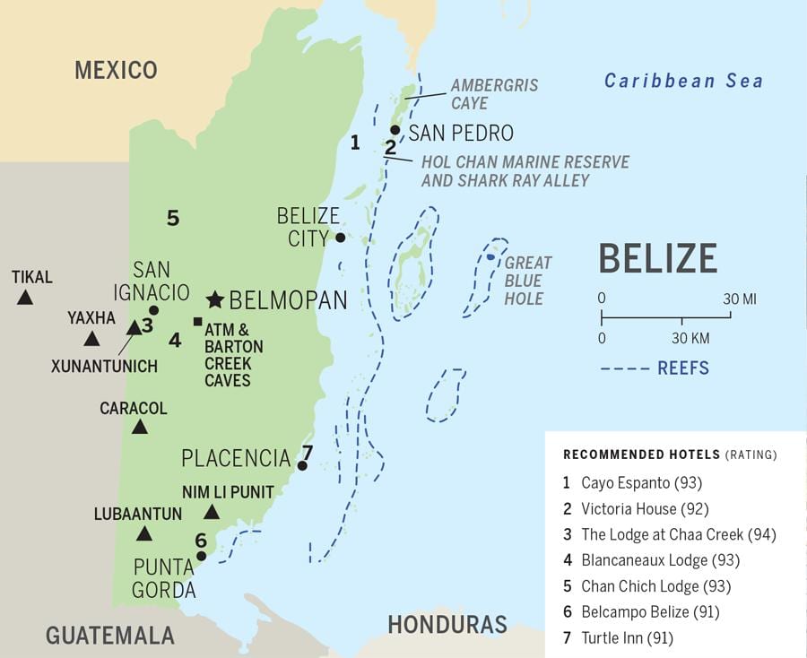 Zemljevid Belize plaže