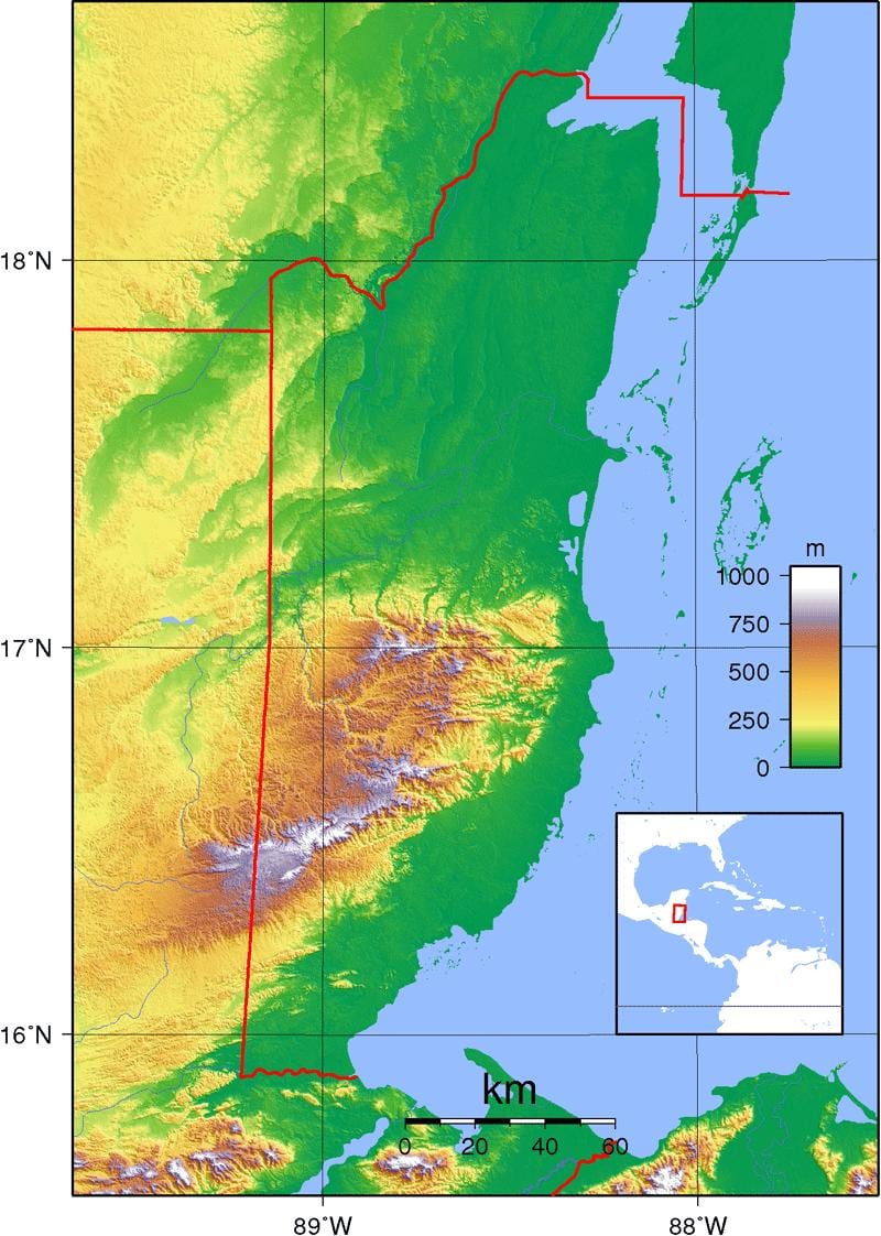 Zemljevid fizično Belize