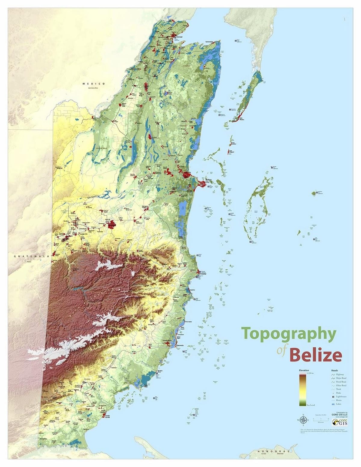 Zemljevid topografske Belize